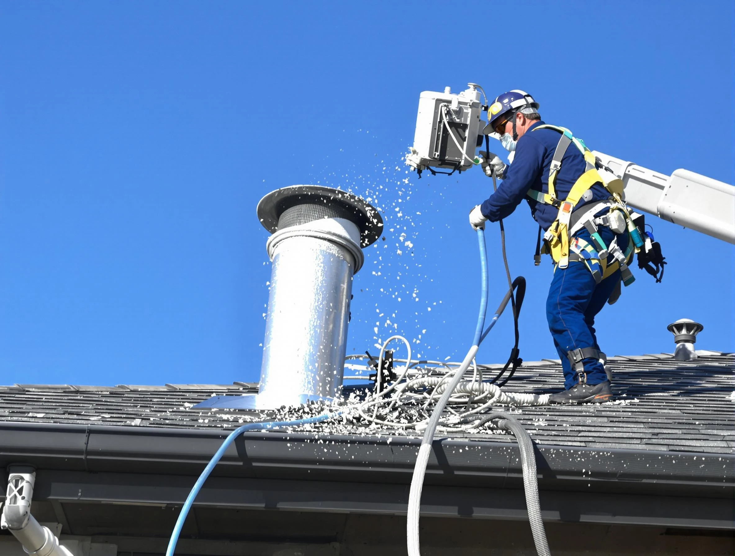 Spring Hill Dryer Vent Cleaning certified technician safely cleaning a roof-mounted dryer vent in Spring Hill